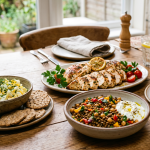 Healthy spread on a wooden table with grilled chicken, salmon, salads, and wholegrain crackers for a wholesome meal