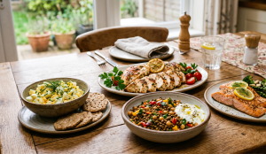 Healthy spread on a wooden table with grilled chicken, salmon, salads, and wholegrain crackers for a wholesome meal