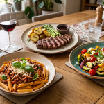 Elegant dining table with pasta, steak, roast veg, and red wine in a cosy setting, ideal for a sophisticated meal atmosphere