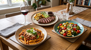 Elegant dining table with pasta, steak, roast veg, and red wine in a cosy setting, ideal for a sophisticated meal atmosphere