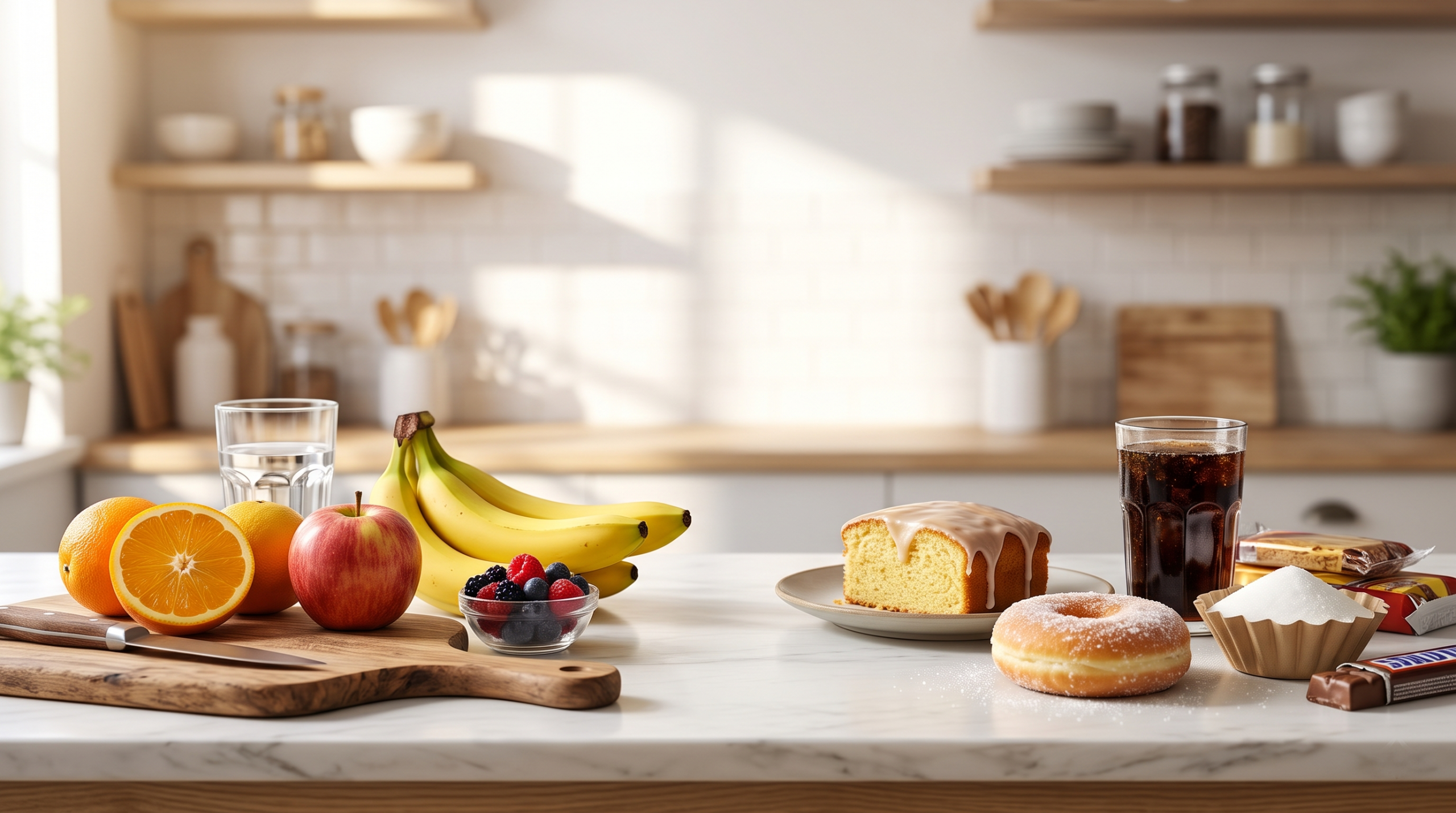 Fresh fruit, cake, and sugary treats on a kitchen counter with sunlight streaming in, highlighting the variety of foods