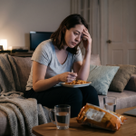 Woman looking stressed eating dinner on sofa, laptop on table, cosy home setting with soft lighting