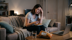 Woman looking stressed eating dinner on sofa, laptop on table, cosy home setting with soft lighting