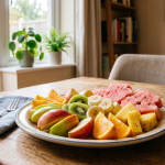 Assorted fresh fruit plate on rustic table with lemon water in cosy dining room setting