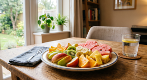 Assorted fresh fruit plate on rustic table with lemon water in cosy dining room setting