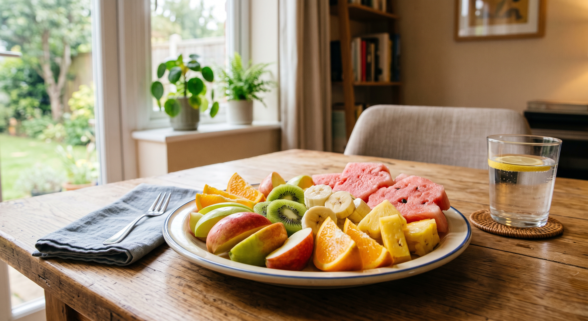 Assorted fresh fruit plate on rustic table with lemon water in cosy dining room setting