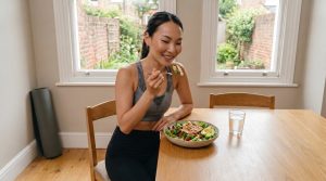 Person enjoying a healthy salad at home with a glass of water on a wooden table in a bright dining area