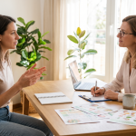 Two women engaged in a discussion at a desk with papers and a laptop in a bright office setting