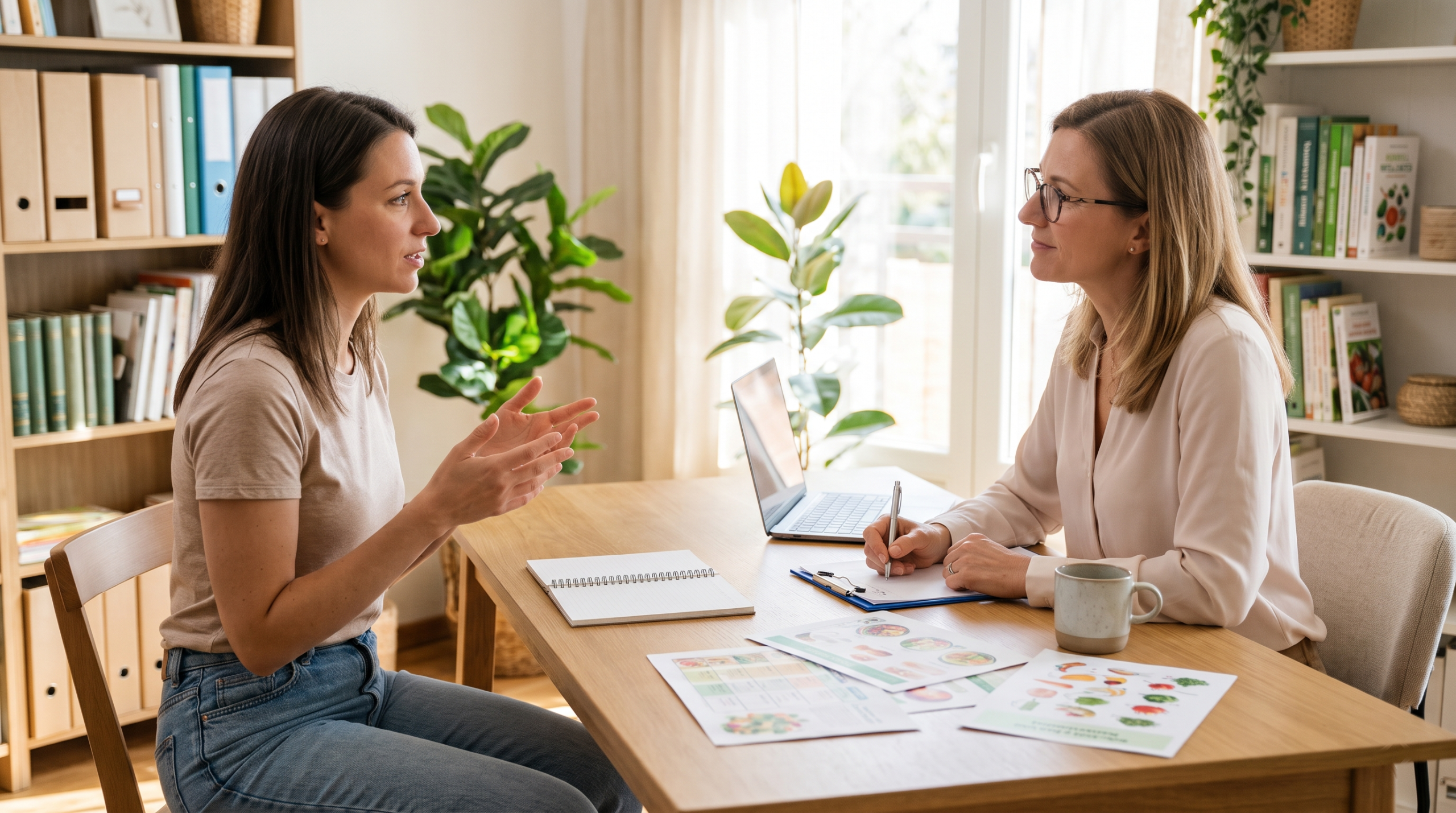 Two women engaged in a discussion at a desk with papers and a laptop in a bright office setting