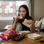Woman eating snacks in a living room with crisps, biscuits, and energy drink on table, looking thoughtful