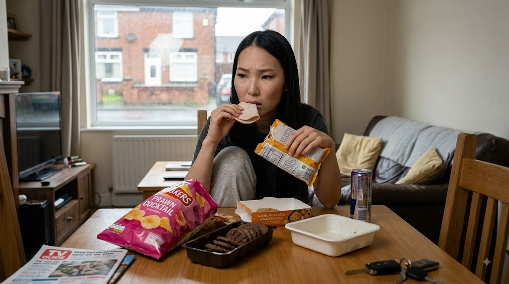Woman eating snacks in a living room with crisps, biscuits, and energy drink on table, looking thoughtful